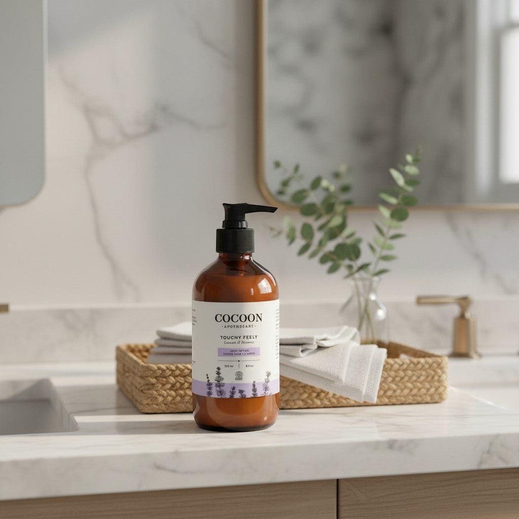 Oh Canada Gifts Touchy Feely body lotion in an amber pump bottle on a marble bathroom counter with a woven tray.