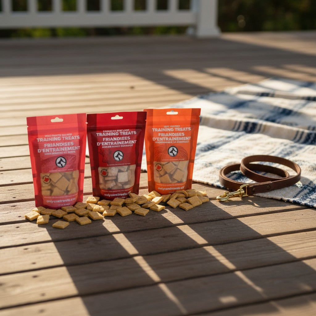 Oh Canada Gifts Training Treat Box featuring three bags of assorted Canadian-made soft dog treats on a wooden deck.