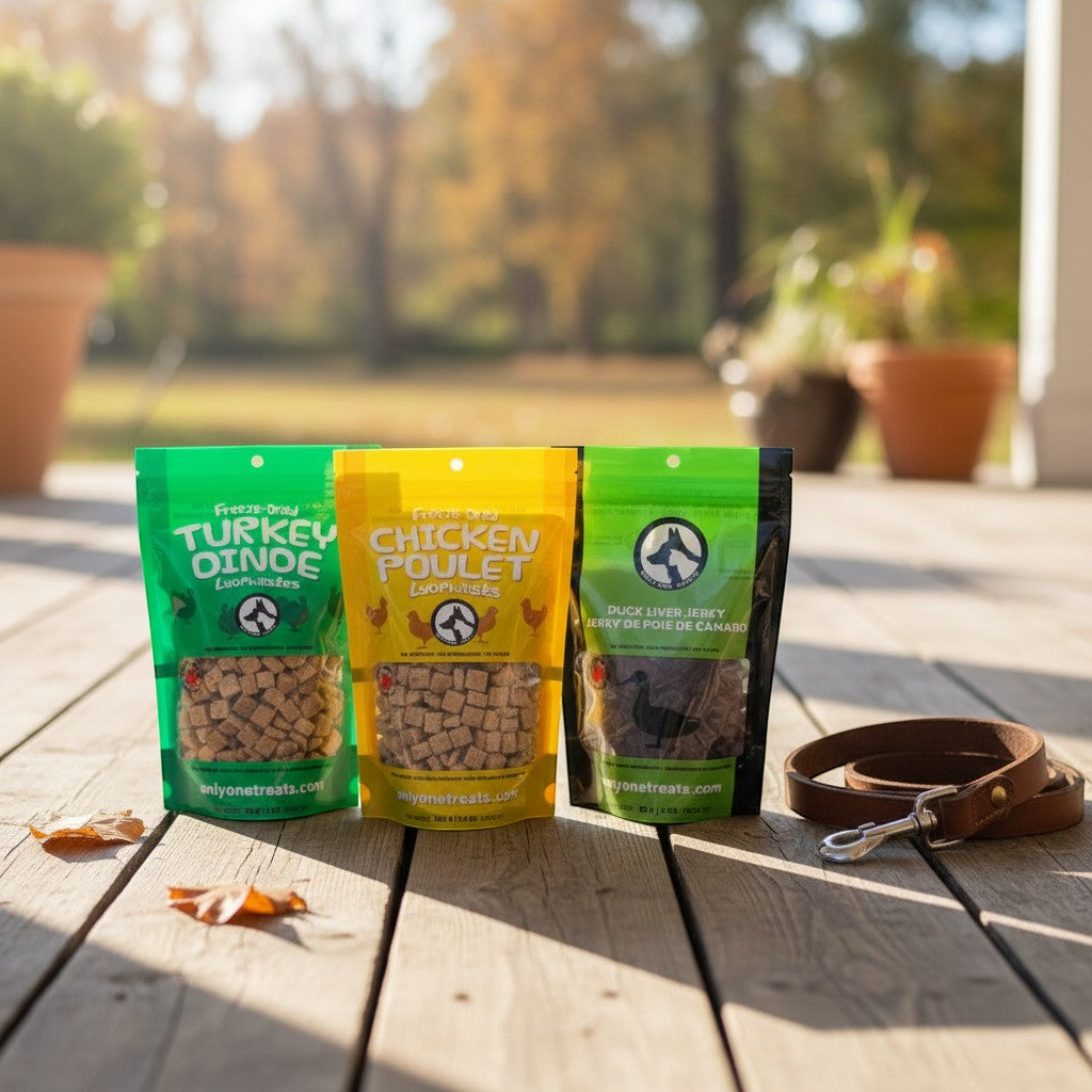 Oh Canada Gifts TurDucken Holiday Box featuring freeze-dried turkey, chicken, and duck dog treats on a wooden deck.