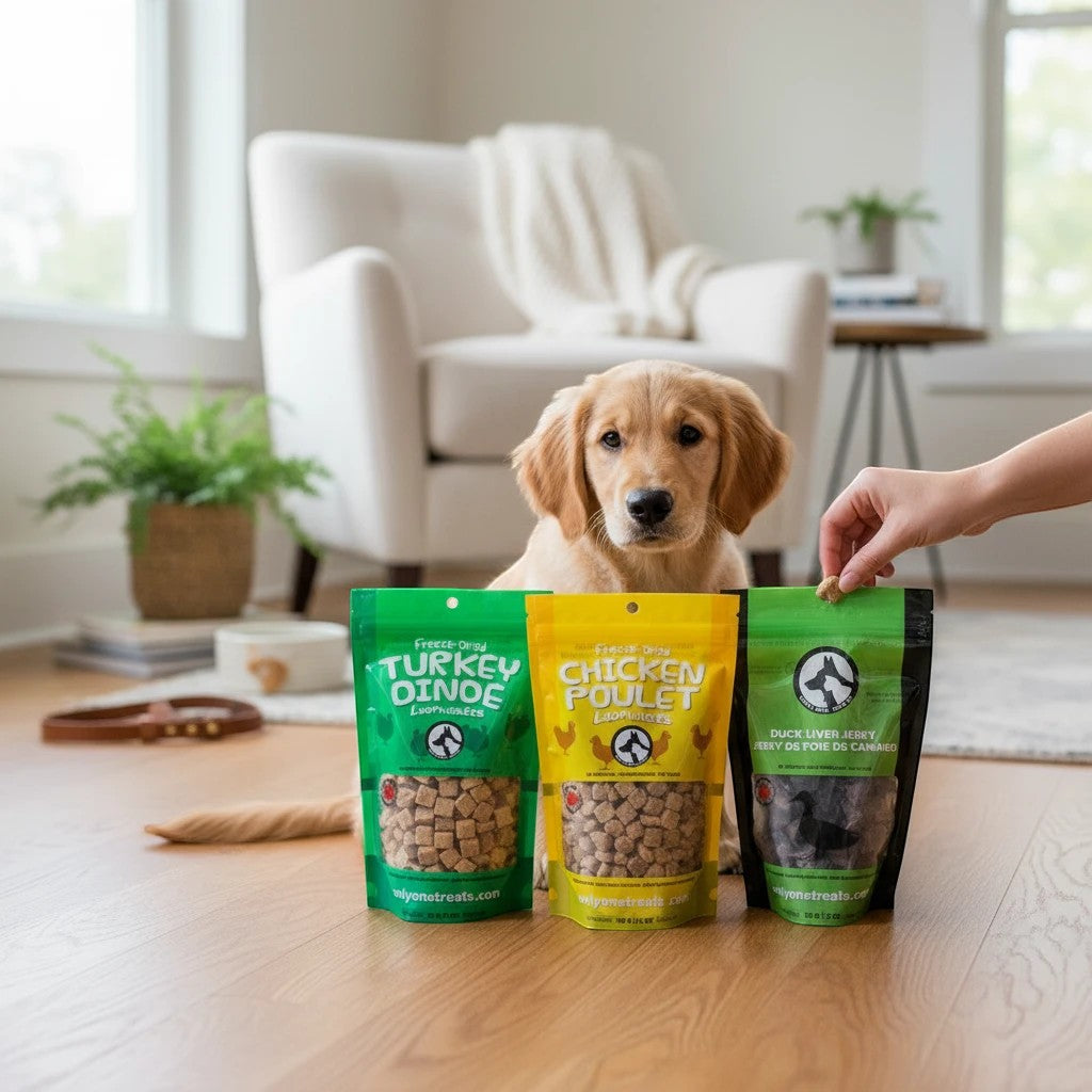 Oh Canada Gifts TurDucken holiday box featuring freeze-dried turkey, chicken, and duck dog treats with a golden puppy.