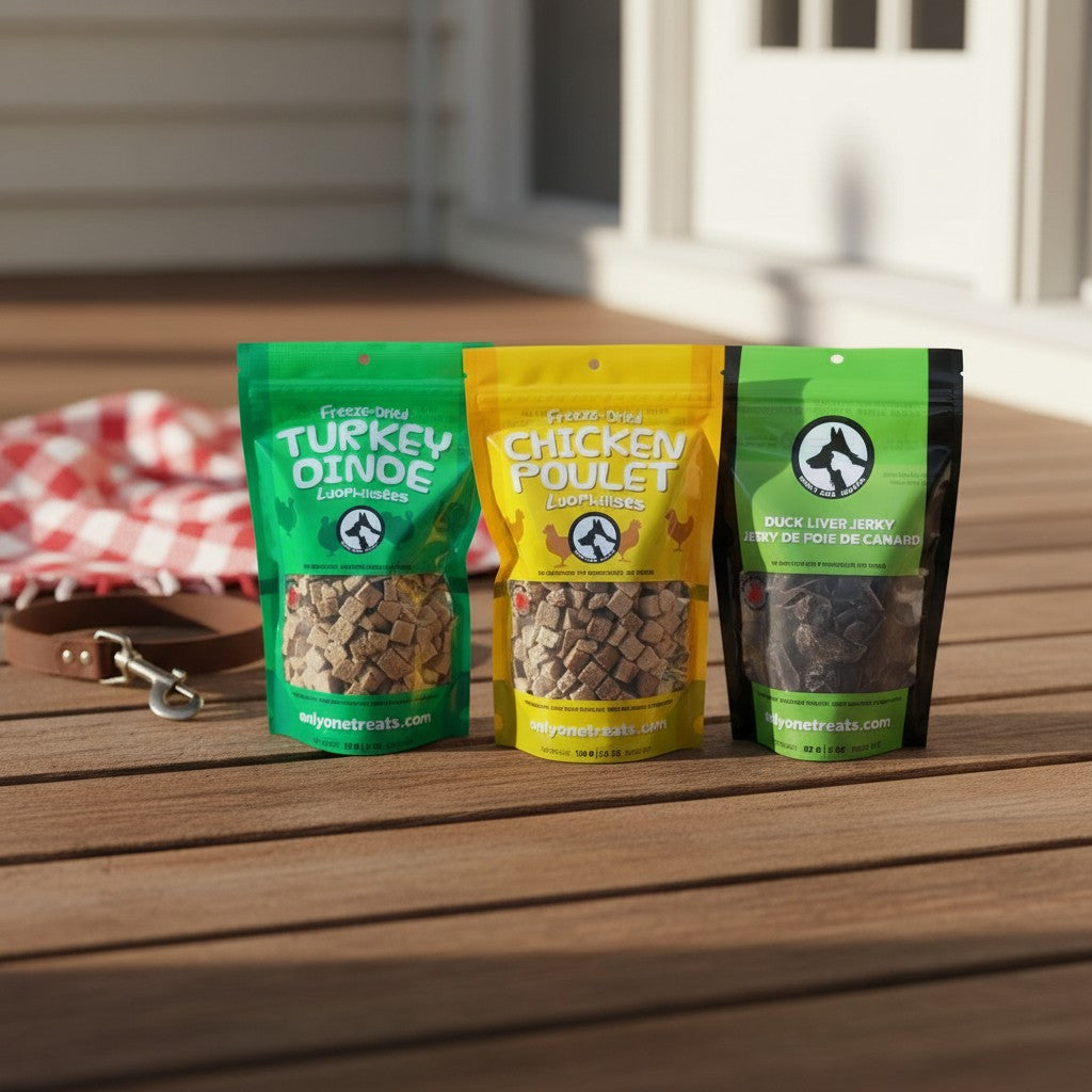 Oh Canada Gifts TurDucken holiday box featuring freeze-dried turkey, chicken, and duck liver jerky pet treats.