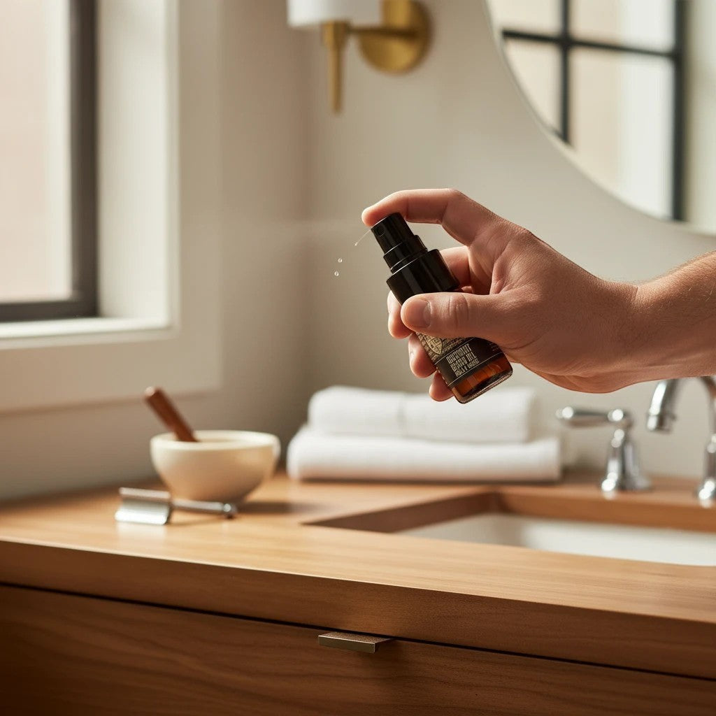 Oh Canada Gifts Ubermint beard oil in a pump bottle being dispensed by a hand in a modern bathroom setting.