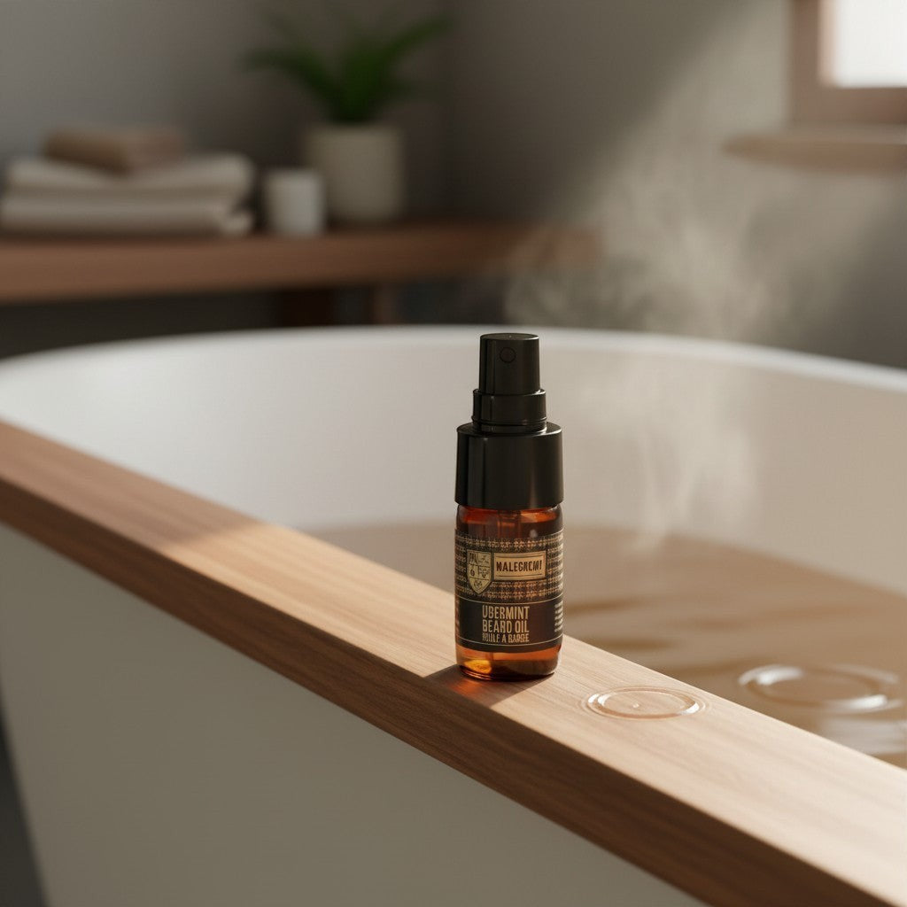 Oh Canada Gifts Ubermint beard oil in an amber glass spray bottle resting on a wooden bathtub tray with steam rising.
