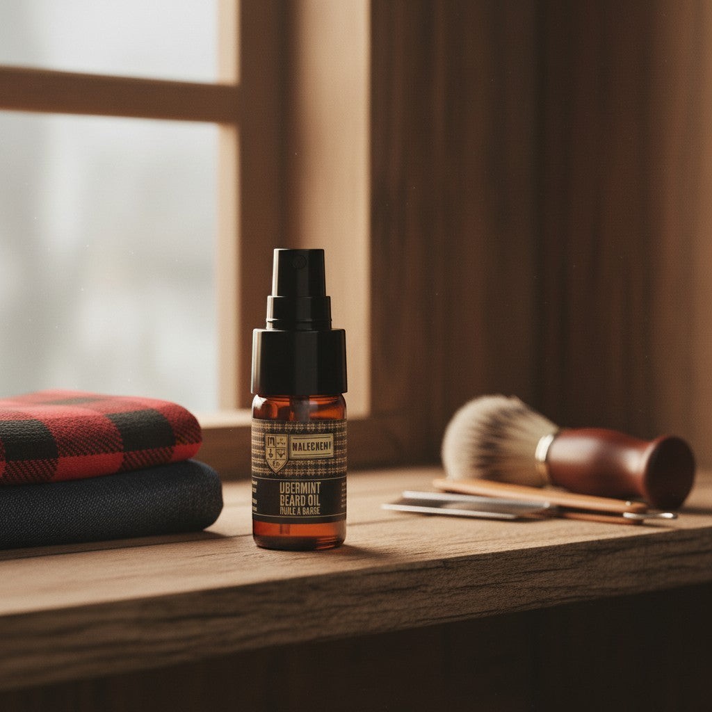 Oh Canada Gifts Ubermint beard oil bottle on a wooden shelf with a shaving brush and folded flannel fabric.