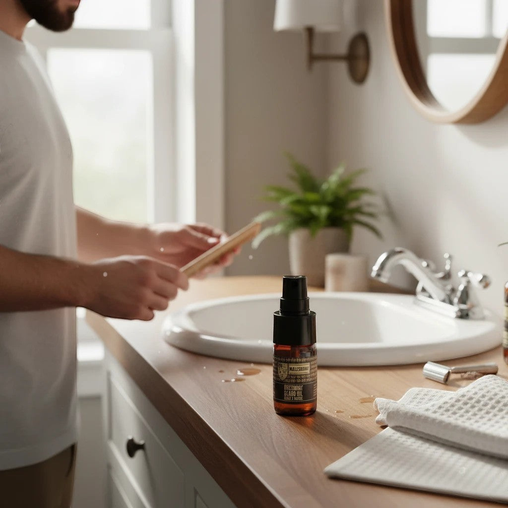 Oh Canada Gifts Ubermint beard oil bottle on a bathroom vanity with a man grooming in the background