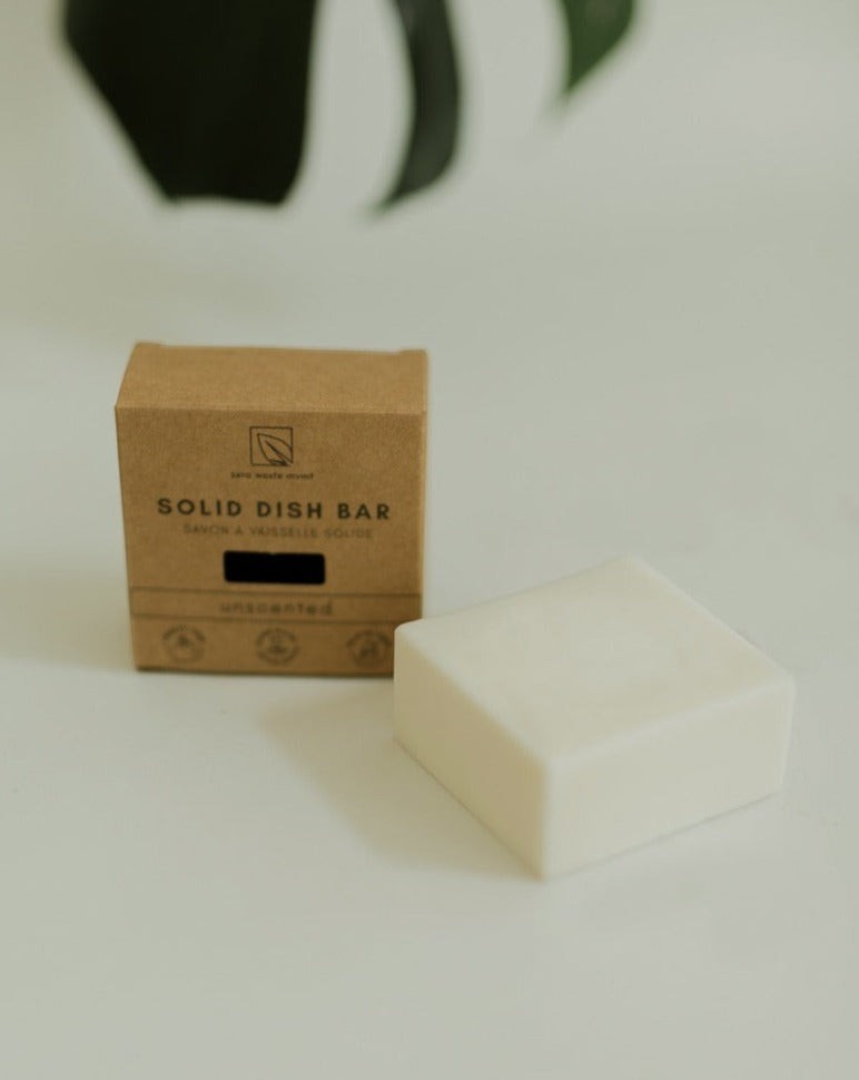 Oh Canada Gifts unscented solid dish soap bar in a brown cardboard box, perfect for zero waste kitchen cleaning.