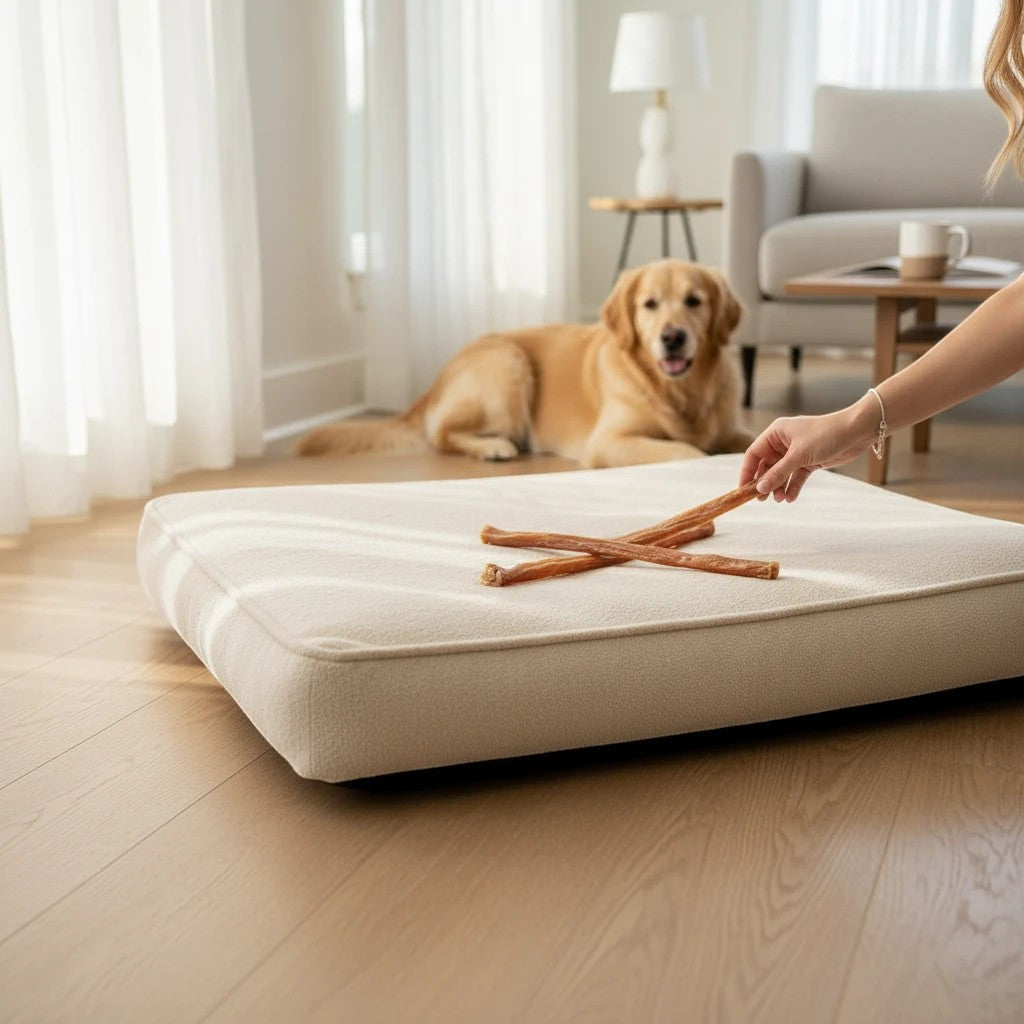 Oh Canada Gifts 9-inch natural veal pizzle stick dog chew held over a beige pet bed with a golden retriever in the back