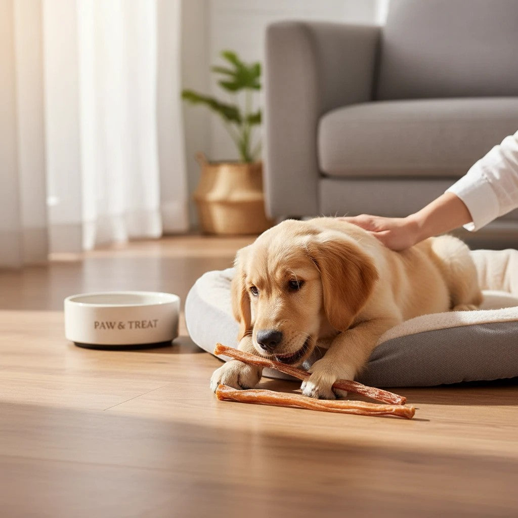 Oh Canada Gifts 9-inch natural veal pizzle stick dog chew being enjoyed by a golden retriever puppy on a pet bed.