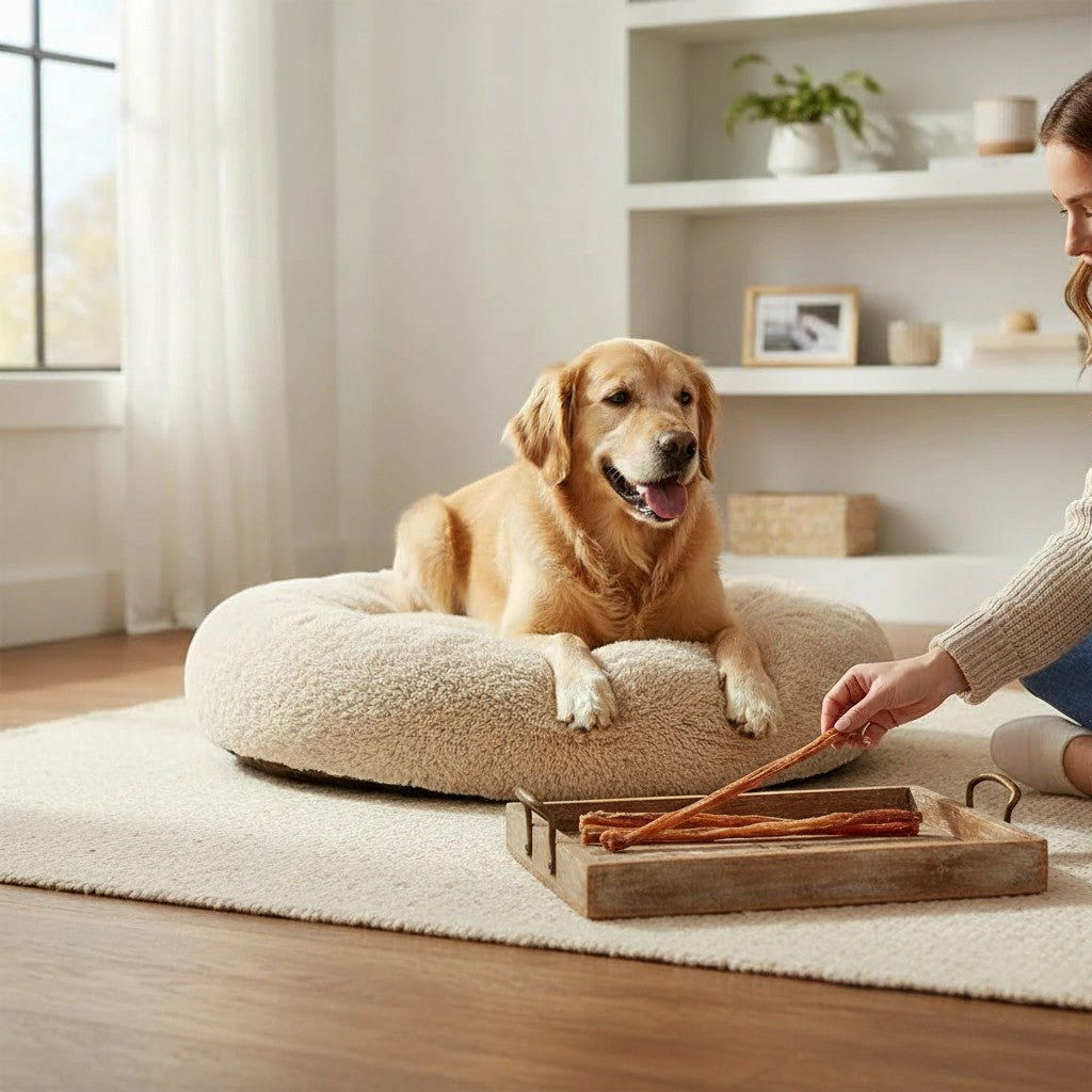 Oh Canada Gifts 9-inch natural veal pizzle stick dog chew being offered to a golden retriever on a plush bed