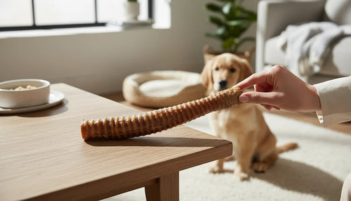Oh Canada Gifts 8-9 inch smoked natural veal trachea dog chew held by a hand with a golden retriever in background