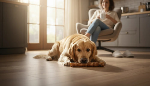 Oh Canada Gifts 8-9 inch natural smoked veal trachea dog chew being enjoyed by a golden retriever on a living room floor