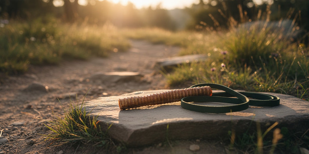 Oh Canada Gifts 8-9 inch smoked veal trachea dog chew resting on a stone path at sunset with a green leash nearby