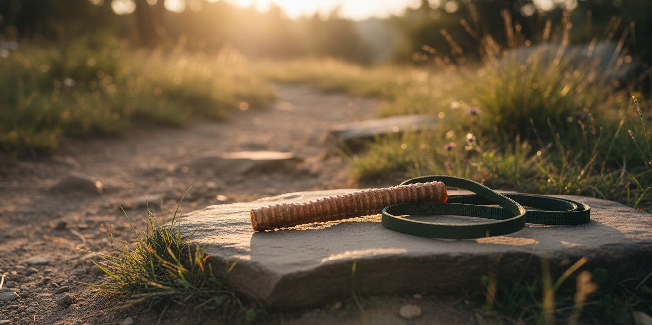 Oh Canada Gifts 8-9 inch smoked veal trachea dog chew resting on a stone path at sunset with a green leash nearby