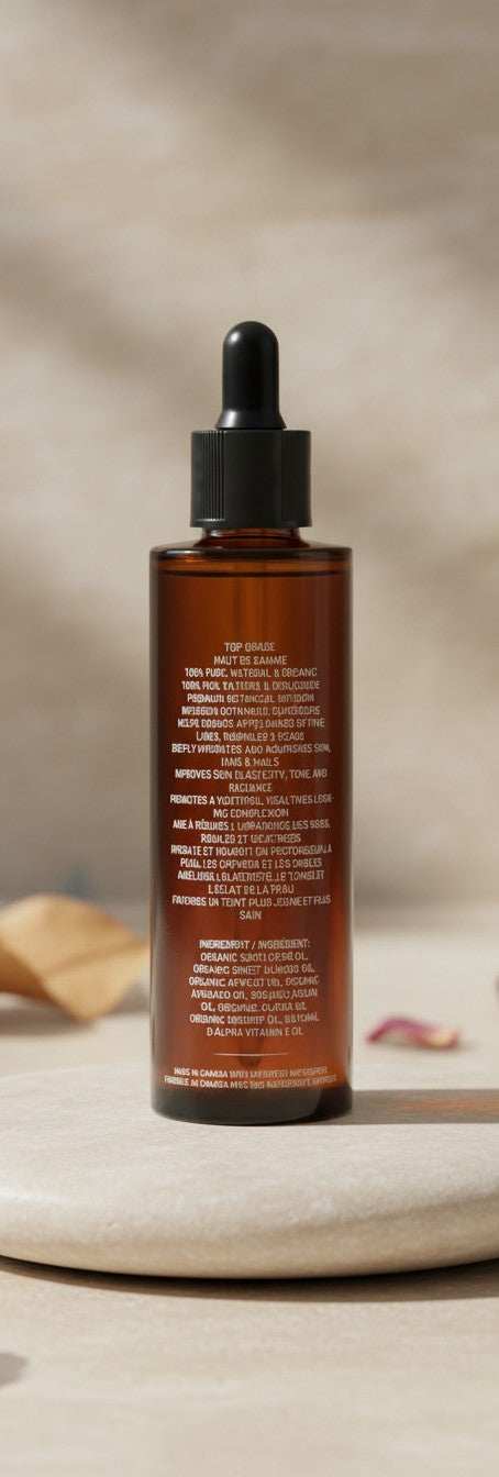 Oh Canada Gifts Canadian Grace Vitamin E face oil bottle with dropper, showing ingredient label on amber glass.