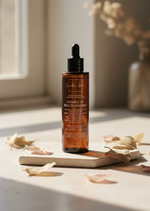 Oh Canada Gifts Canadian Grace Vitamin E face oil in an amber glass dropper bottle on a stone coaster.