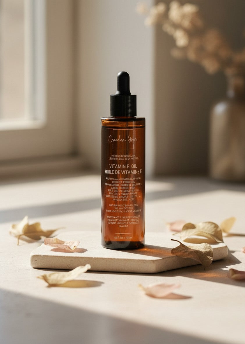 Oh Canada Gifts Canadian Grace Vitamin E face oil in an amber glass dropper bottle on a stone coaster.