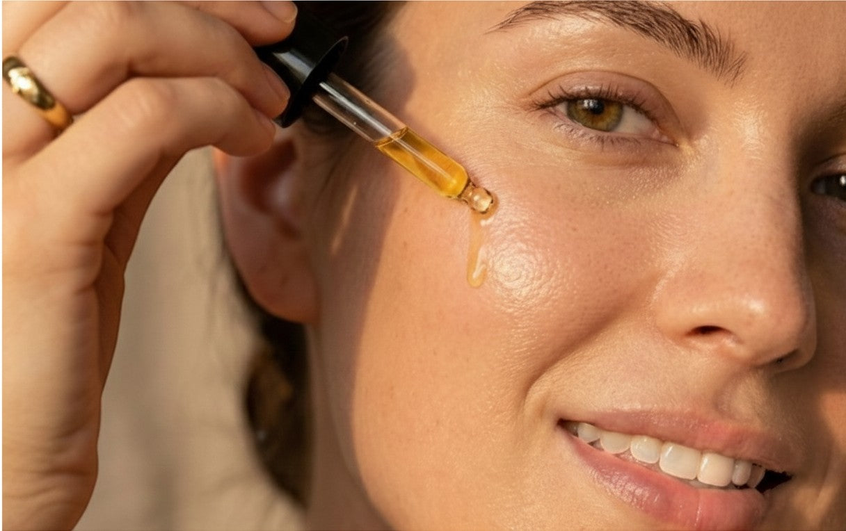 Oh Canada Gifts Canadian Grace Vitamin E face oil being applied with a dropper to a woman's glowing, healthy skin.