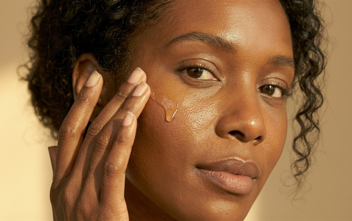 A woman applying Canadian Grace Vitamin E Face Oil to her cheek, highlighting the nourishing texture on her skin.