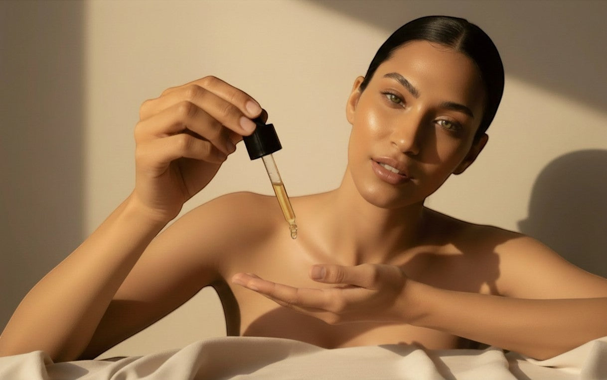 Oh Canada Gifts model applying Canadian Grace Vitamin E face oil with a glass dropper for glowing skin