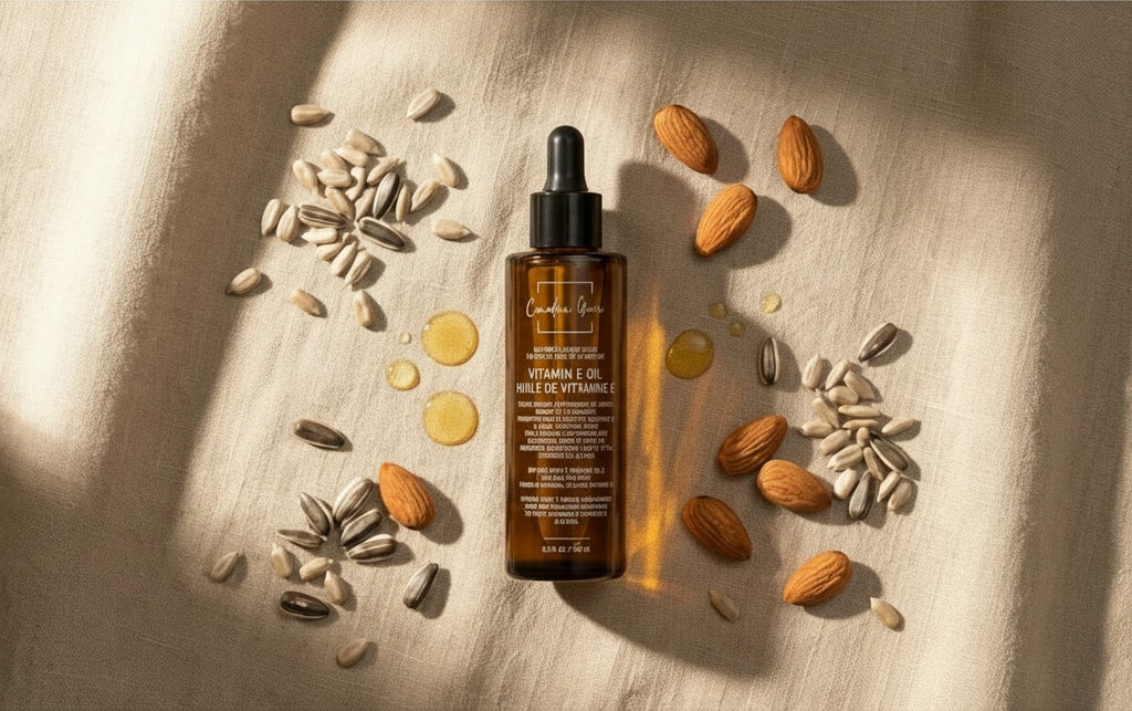 Oh Canada Gifts Canadian Grace Vitamin E face oil bottle surrounded by almonds and sunflower seeds on beige fabric.