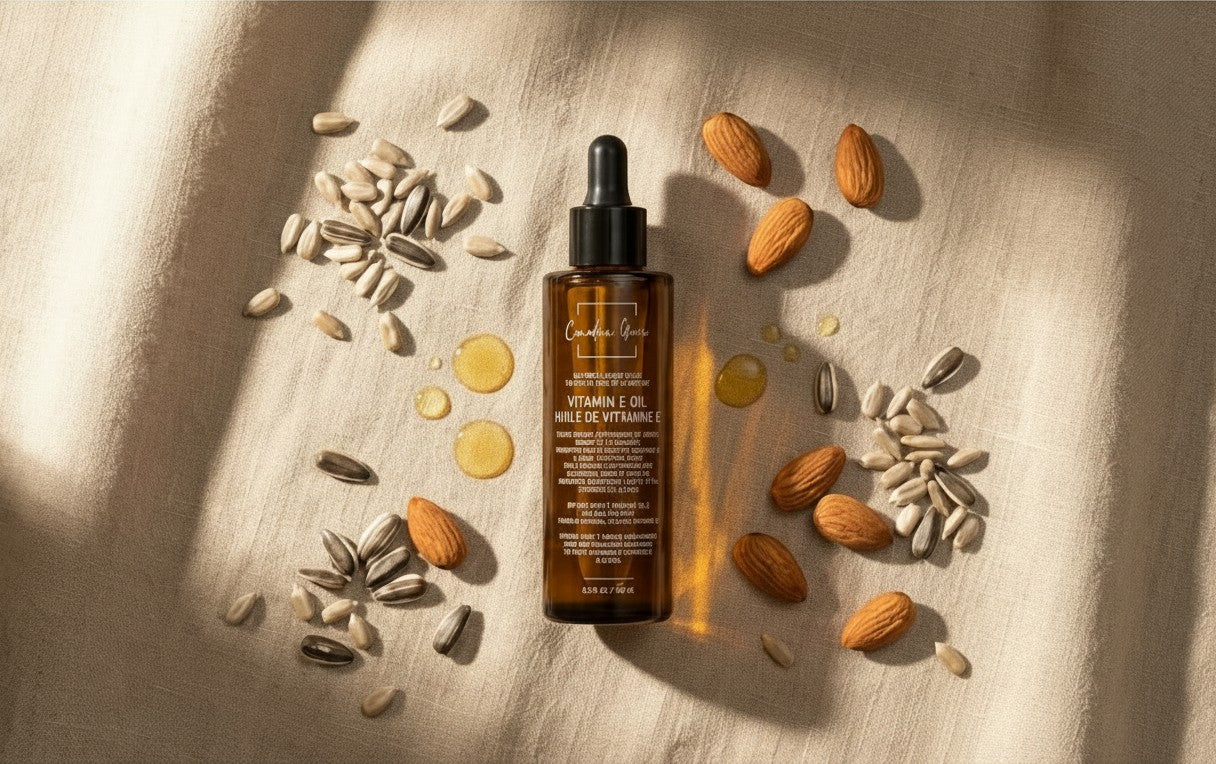 Oh Canada Gifts Canadian Grace Vitamin E face oil bottle surrounded by almonds and sunflower seeds on beige fabric.