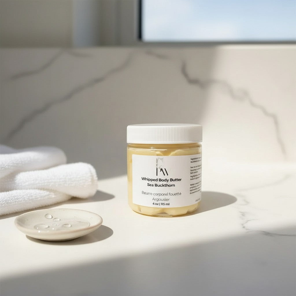 Oh Canada Gifts whipped sea buckthorn body butter in a clear jar on a marble surface with white towels.