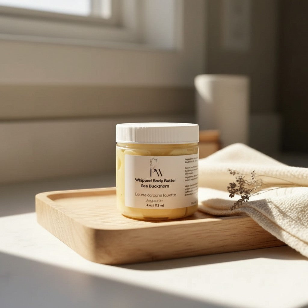 Oh Canada Gifts whipped sea buckthorn body butter in a glass jar on a wooden tray with a soft cloth.