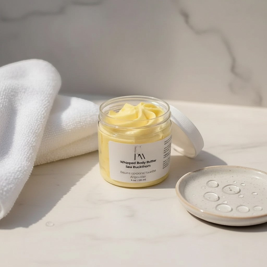 Oh Canada Gifts whipped sea buckthorn body butter in a clear jar with a white lid on a marble surface with a towel.