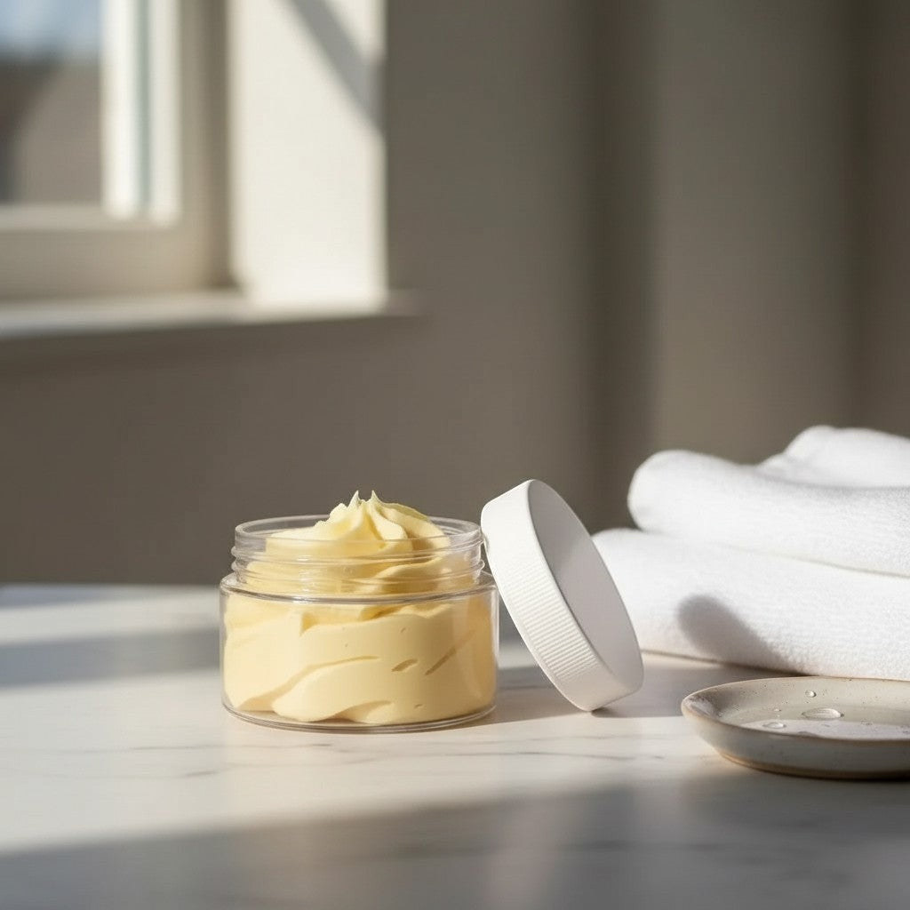 Oh Canada Gifts whipped body butter in a clear jar with a white lid on a marble surface with folded white towels.
