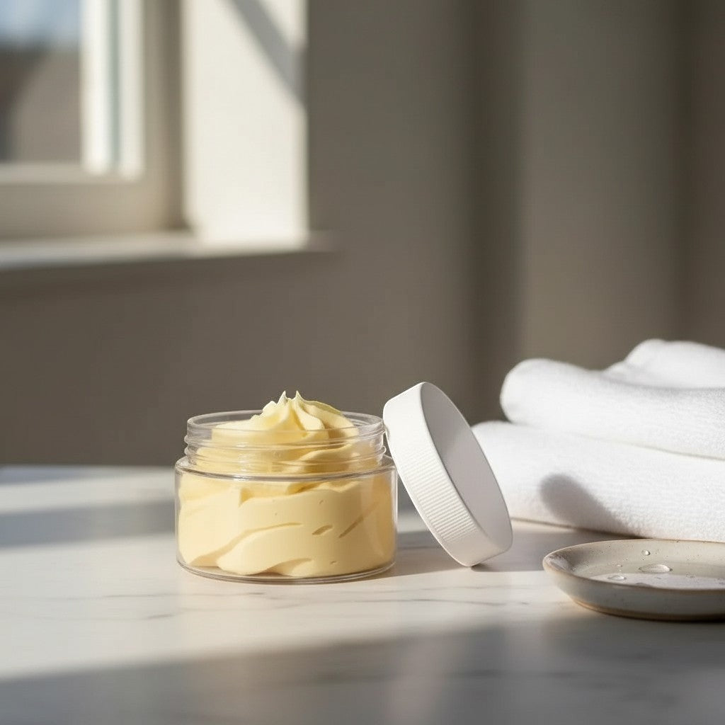 Oh Canada Gifts whipped body butter in a clear jar with a white lid, set on a marble surface with soft towels.