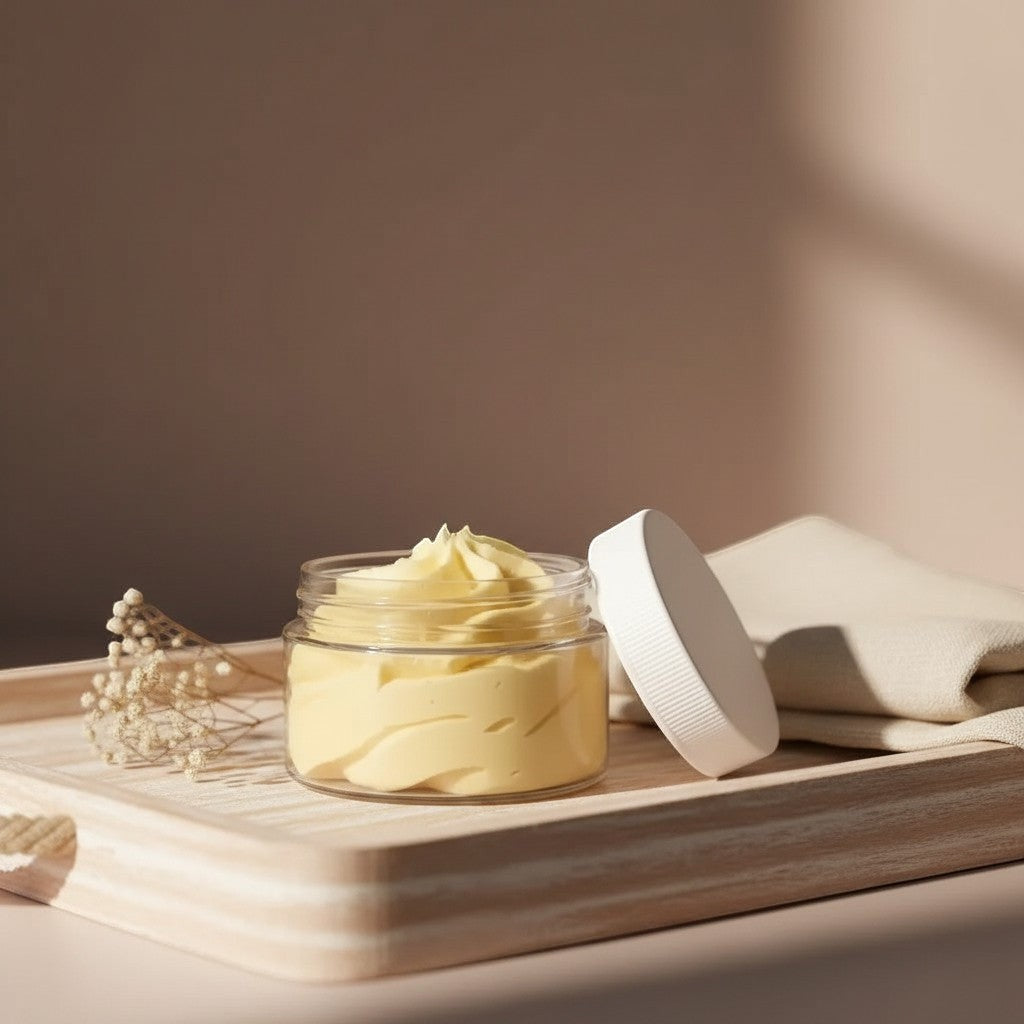 Oh Canada Gifts whipped body butter in a clear jar with a white lid on a wooden tray with dried flowers.