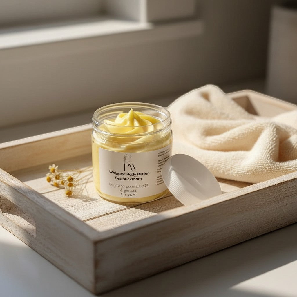 Oh Canada Gifts whipped sea buckthorn body butter in a glass jar on a wooden tray with a soft cloth.