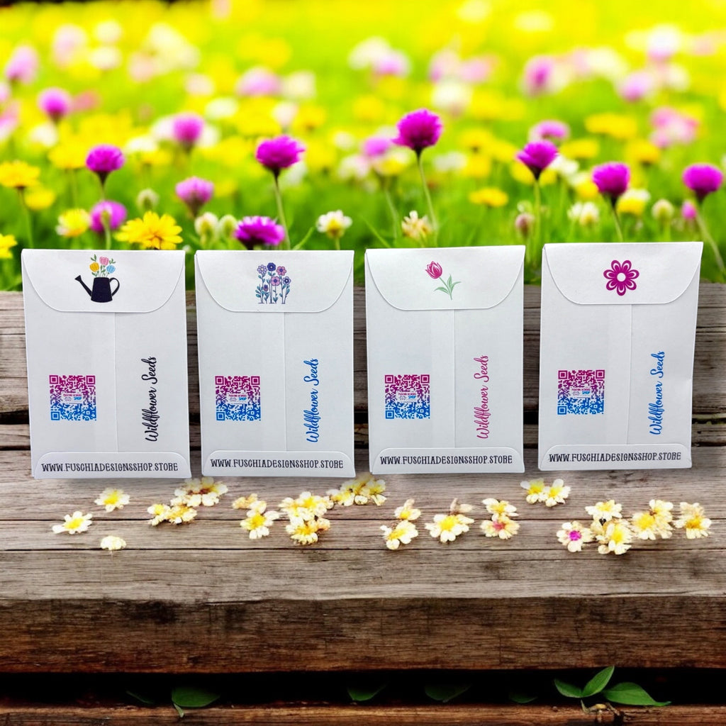 Oh Canada Gifts wildflower seed packets with floral illustrations on a wooden surface against a blurred garden background