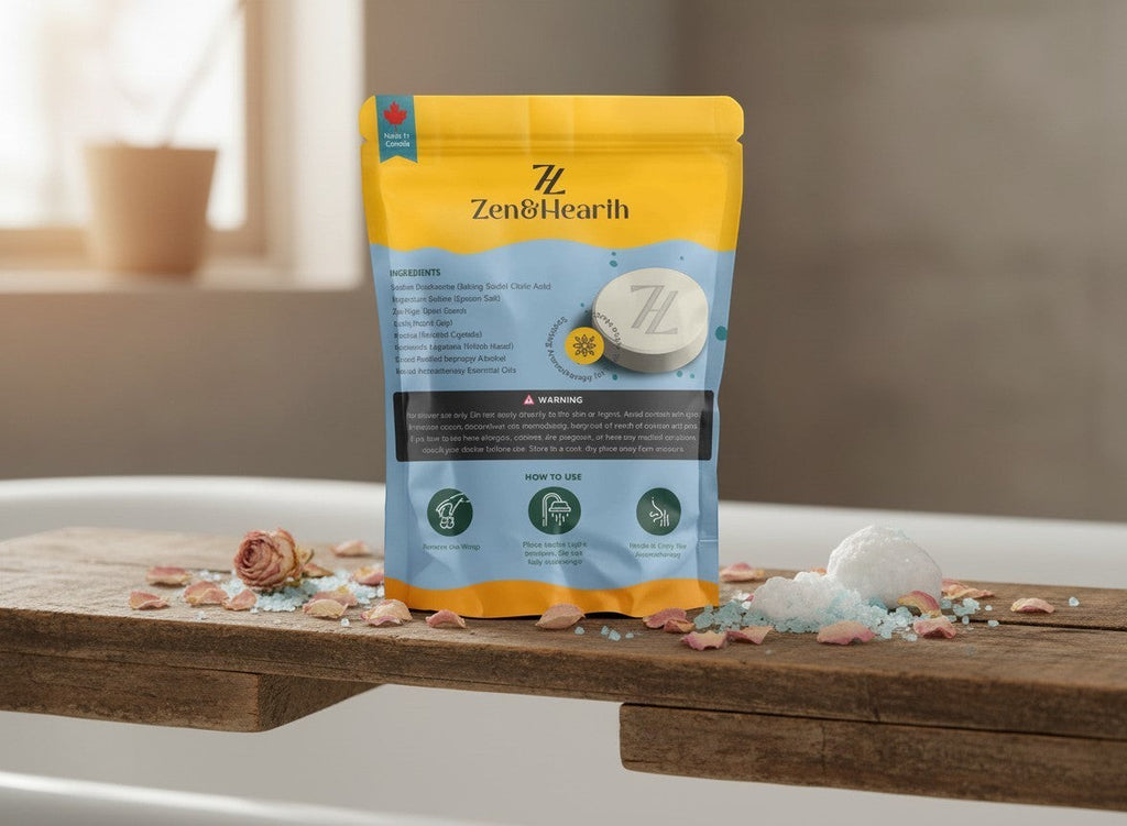 Oh Canada Gifts Zen & Hearth sport shower steamer pouch with eucalyptus and mint aromatherapy tablets on wood board