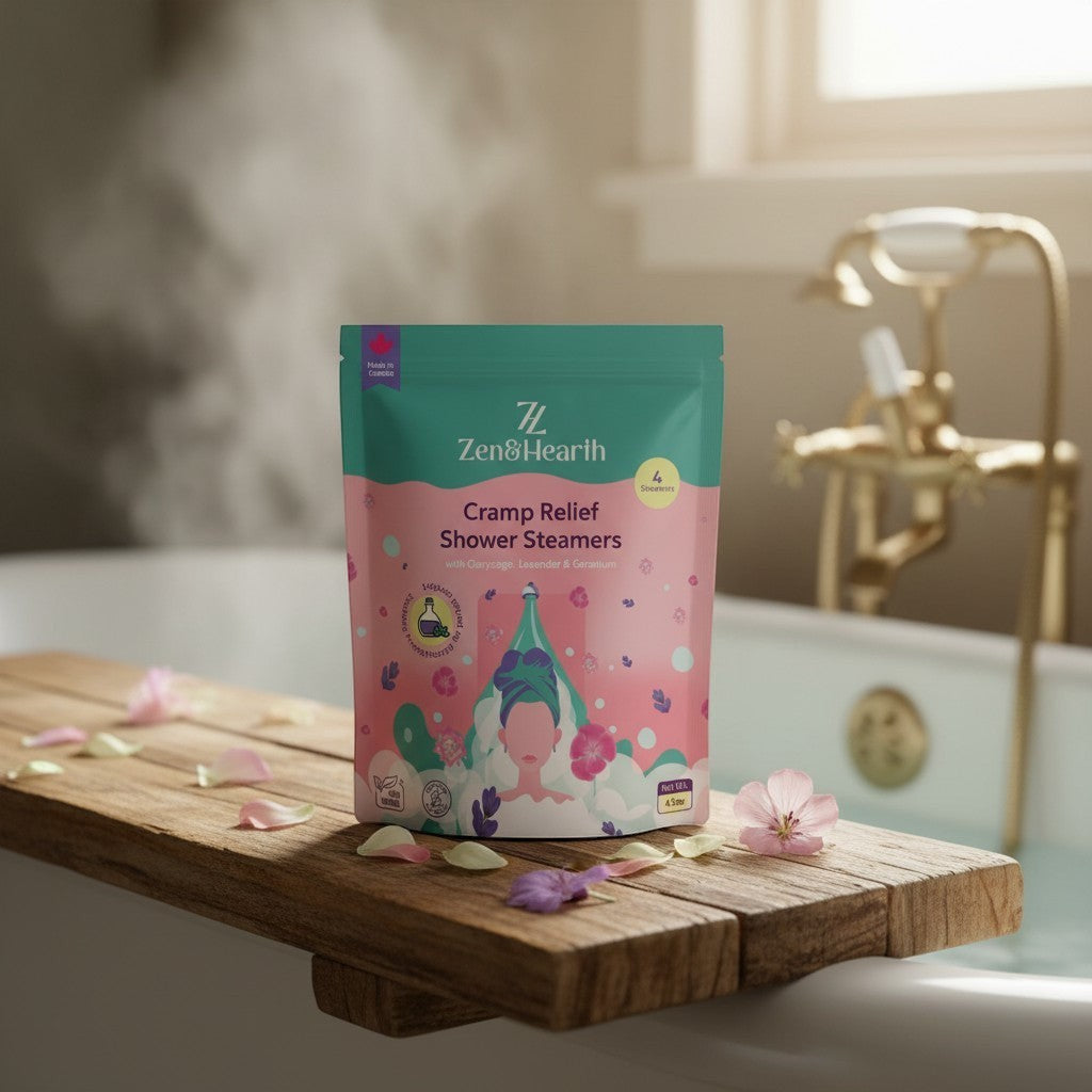 Oh Canada Gifts Zen & Hearth shower steamer pouch on a wooden bathtub tray with scattered flower petals and steam.