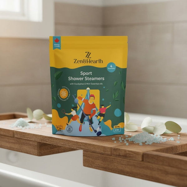 Oh Canada Gifts Zen & Hearth Sport shower steamers in a yellow and green pouch on a wooden bath tray with bath salts.