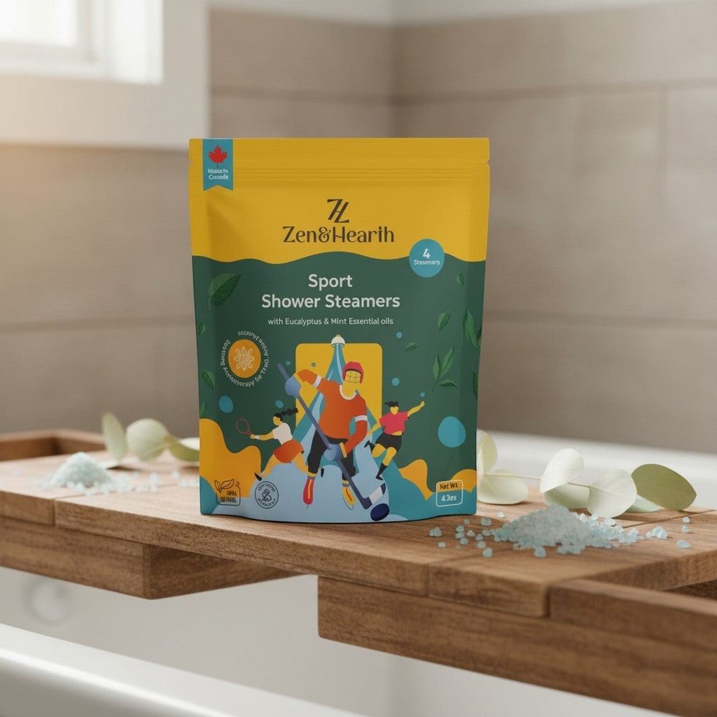 Oh Canada Gifts Zen & Hearth Sport shower steamers in a yellow and green pouch on a wooden bath tray with bath salts.
