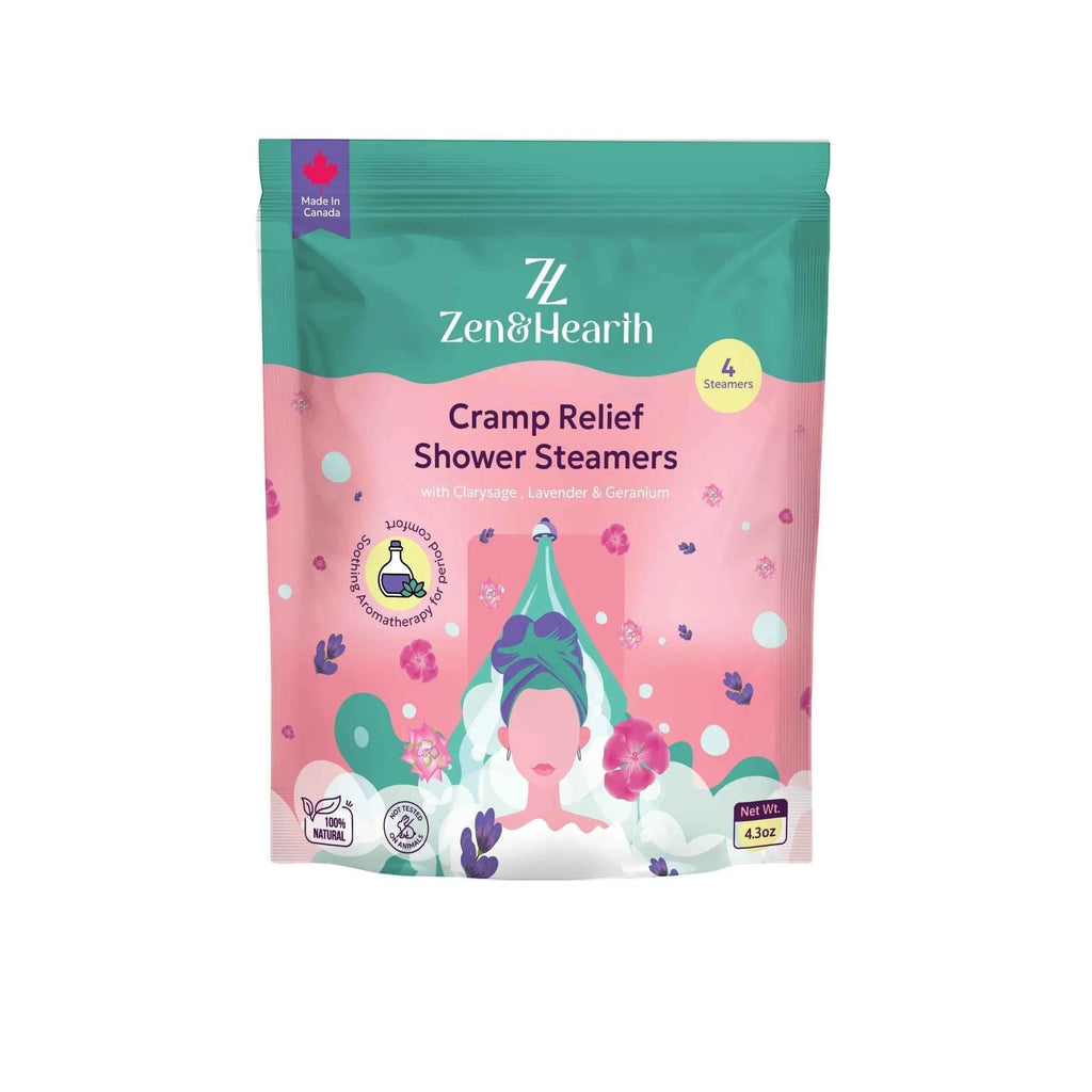 Oh Canada Gifts Zen & Hearth shower steamer pouch with floral illustration and calming aromatherapy for cycle relief.