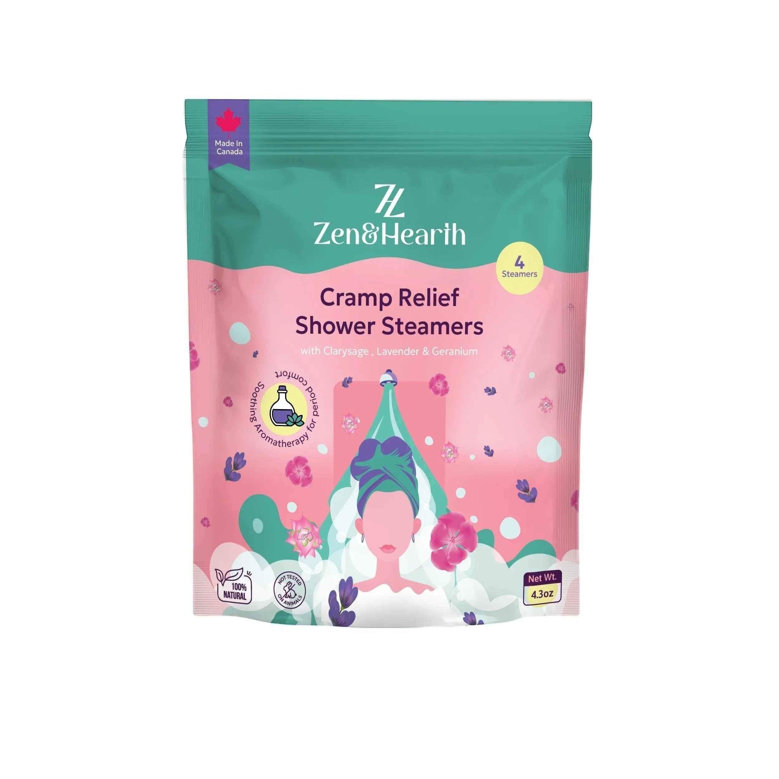 Oh Canada Gifts Zen & Hearth shower steamer pouch with floral illustration and calming aromatherapy for cycle relief.