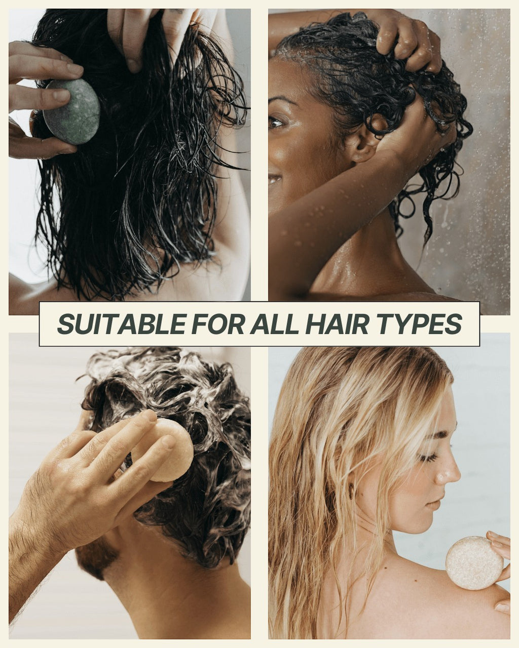 Oh Canada Gifts zero-waste shampoo and conditioner bars being used by diverse people in a shower for all hair types